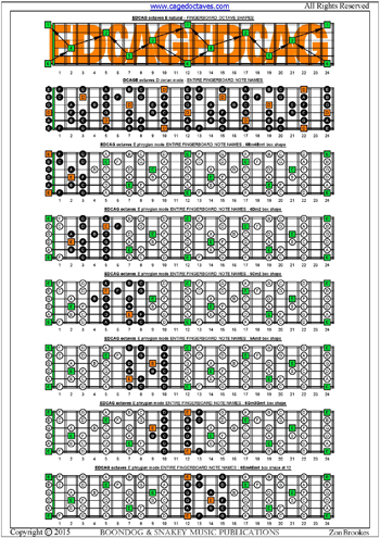 EDCAG octaves E phrygian mode box shapes : entire fretboard notes